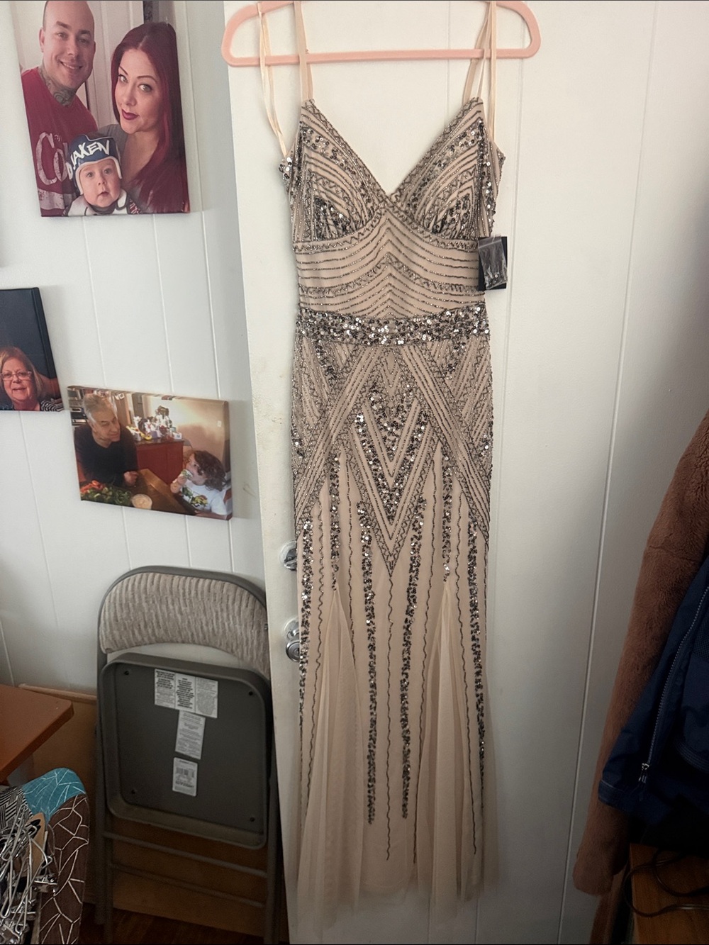 MARINA Nude/Beige Sequined Maxi Dress with V-Neck